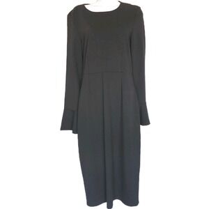 Iris & Ink Midi Dress Womens 8 Black Fluted Sleeve Jersey Stretch Career Classic
